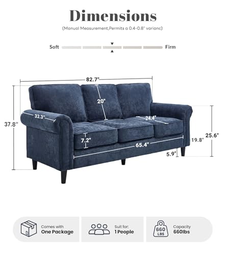 3 Seater Couch, Mid Century Modern Sofa with Rolled Arms and Deep Seats, Fluffy Comfort for Living Room, Apartment, Easy Assembly, Blue - color: Blue, size: Chenille Standard
