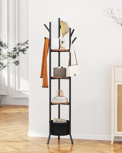 YMYNY Coat Rack, Freestanding Coat Stand with Storage Shelves, Hall Trees with 3 Wooden Shelves and 1 Fabric Basket, Metal Clothes Stand for Hats Bags Hallway Bedroom Rustic Brown UHGR005H - color: Rustic Brown