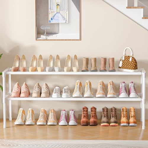 Extra Long Shoe Rack 2 Tier Wide Shoe Storage Organizer | Sturdy Durable Shoes Rack for Closet, Entryway, Dorm, Save Space Stackable Shoe Shelf Stand Holder - color: White, size: 2Tier 14.3"H