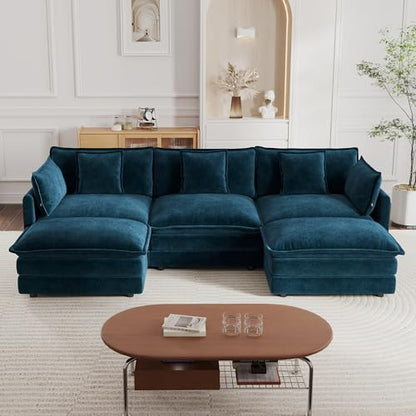 Modular Sectional Sofa, 111.5 Inch U Shaped Couch Set for Living Room, 3-Seater Comfy Cloud Couches with Movable Ottoman, DIY Combination, Chenille, Blue - color: Blue, size: 111.5 Inch- U