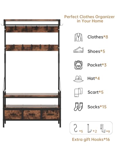 Hall Tree with Bench and Shoe Storage, Freestanding Entryway Coat Rack with 3 Fabric Drawers, 16 Hooks