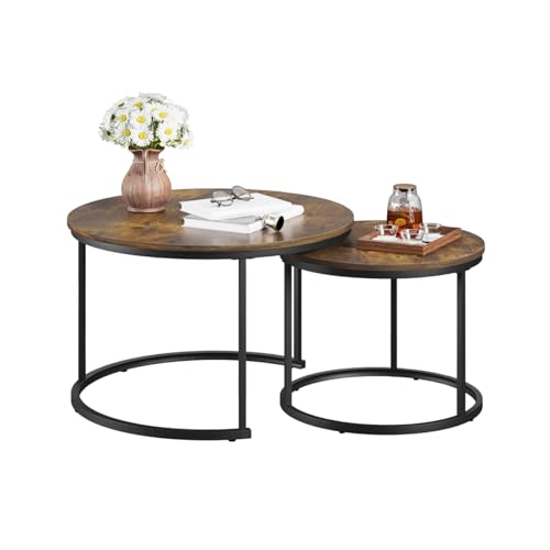 Smuxee Rustic Nesting Coffee Table Set of 2, 27.6" Round Coffee Table Wooden Marble Pattern with Adjustable Non-Slip Feet, Industrial End Table for Living Room Bedroom Balcony - color: Rustic Brown, size: 27.6"W