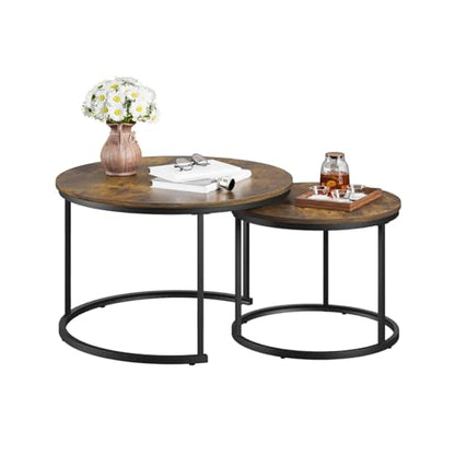 Smuxee Rustic Nesting Coffee Table Set of 2, 27.6" Round Coffee Table Wooden Marble Pattern with Adjustable Non-Slip Feet, Industrial End Table for Living Room Bedroom Balcony - color: Rustic Brown, size: 27.6"W
