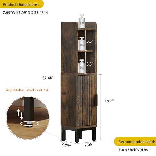 FerniTry Small Bathroom Storage Cabinet, Corner Floor Narrow Toilet Paper Cabinet with Door and Shelves,Bathroom Organizer with Adjustable Shelf, for Small Spaces (Rustic Brown) - color: Rustic Brown, size: 4-Tier