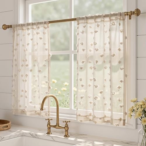 MYSKY HOME Beige Sheer Kitchen Curtains Over Sink 36 inch Length,2 Panels | Light Filtering Semi Sheer with Pom Pom,Short Tier Half Curtains for Cafe Small Window Decor, Rod Pocket,26Wx36L - color: 1-wood Beige, size: 26"W x 36"L (Pack of 2)