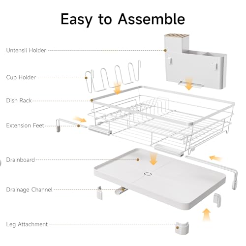 Runnatal Large Dish Drying Rack, Extendable Dish Rack Over Sink | Stainless Steel Dish Strainer with Drainboard, Utensil Holder & Cup Holder for Kitchen Counter, White - color: White