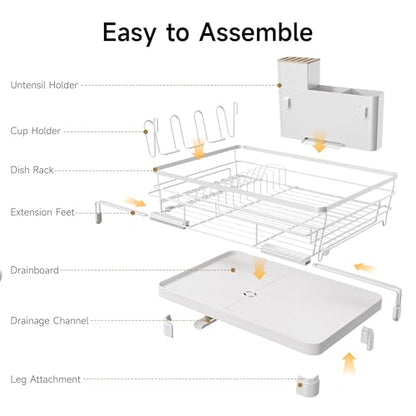 Runnatal Large Dish Drying Rack, Extendable Dish Rack Over Sink | Stainless Steel Dish Strainer with Drainboard, Utensil Holder & Cup Holder for Kitchen Counter, White - color: White