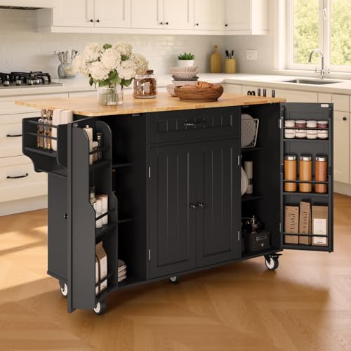 47.6" Kitchen Island with Storage, Drop Leaf, Knife Holder, Black | Island Table for Kitchen with Door Cabinet, Drawer, Spice Rack, Towel Rack, and Knife Holder for Kitchen, and Living Room - size: 47.6 Inch-Black