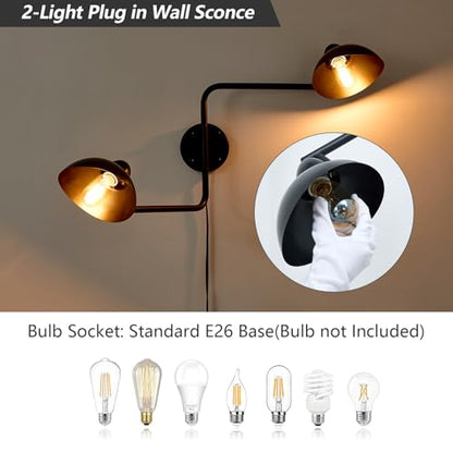 Adjustable Black Swing Arm Wall Sconce, 2-Light Plug in Wall Lamps with ON/Off, Rotatable Metal Dome Shades Wall Mount Lighting Fixture for Living Room Bedroom Study - color: Black-B 2-Lights