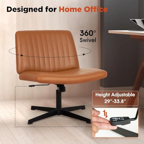 Criss Cross Chair, Armless Cross Legged Office Chair, Comfortable Vanity Chair with Back, Fabric Adjustable Wide Swivel Criss Cross Desk Chair for Home Office, Brown - color: Brown