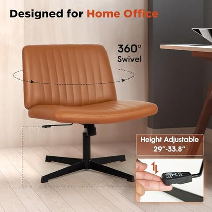 Criss Cross Chair, Armless Cross Legged Office Chair, Comfortable Vanity Chair with Back, Fabric Adjustable Wide Swivel Criss Cross Desk Chair for Home Office, Brown - color: Brown