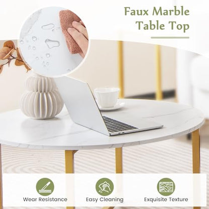 COSTWAY Coffee Table Set of 3, Round Faux Marble Coffee Table and 2 Square End Side Tables with Metal Frame, Modern 3-Piece Living Room Tables Set for Small Space, Apartment (White & Gold) - color: White & Gold