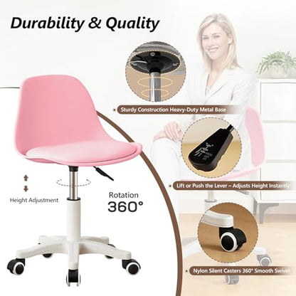 Small Desk Chair Cute, Swivel Armless Task Chair with Soft Padded Cushion, Height Adjustable Home Office Desk Chair with Back for Adult, Study Room, Office - color: Pink, size: M-Set of 2