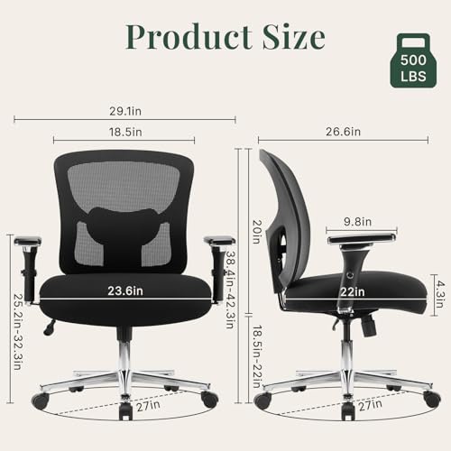 DUMOS Big and Tall Office Desk Chair, Ergonomic Mesh Computer Chair | Comfortable Lumbar Support, 4D Armrest, 500lbs Heavy Duty, Wide Seat, 360° Swivel Rolling Wheels, Adult, Ink - color: Ink