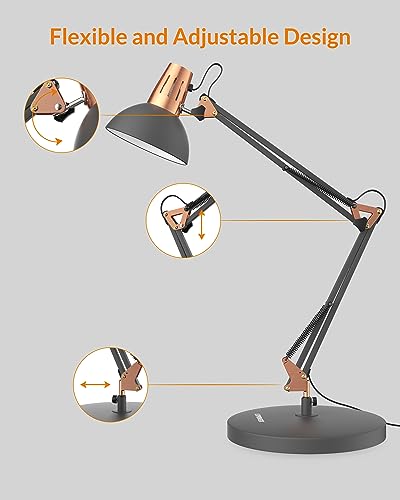 LEPOWER Metal Adjustable Desk Lamp with Clamp, Swing Arm for Home Office | Gooseneck, Architect Style, Eye-Caring Table Lamp, On/Off Switch, E26 Base, Reading for Dorm, Bedroom, Study, Back to School - color: Sand Black