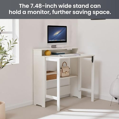 Folding Desk with Charging Station,Fold Out Desk with Monitor Stand,Storage Shelf,Small Foldable Computer Desk for Compact Home Office Spaces (White) - color: White