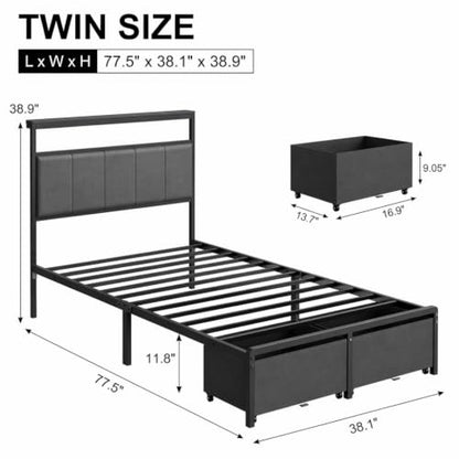 Twin Bed Frame, Upholstered Platform Bed with Storage Drawers, Headboard Storage Shelf, Noise Free, Metal Support, No Box Spring Needed, Easy Assembly, Gray