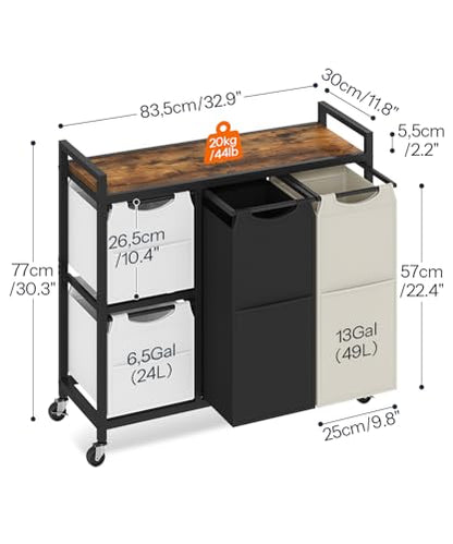 HOOBRO Laundry Sorter with 4 Section, 39 Gal. (147 L) Laundry Hamper with Wheels, Rolling Laundry Basket with Shelf, Pull-Out Detachable Bags, Side Pockets, Rustic Brown, Black and Beige BFE14XY01N1 - color: Rustic Brown + Black + Beige + Gray