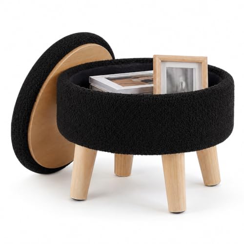 Simple Deluxe 13" Round Storage Ottoman with Wooden Legs & Dual-Use Tray Lid, Fluffy Teddy Boucle Ottoman Footstool for Bedroom, Living Room & Vanity, Black - color: Black
