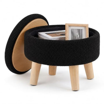 Simple Deluxe 13" Round Storage Ottoman with Wooden Legs & Dual-Use Tray Lid, Fluffy Teddy Boucle Ottoman Footstool for Bedroom, Living Room & Vanity, Black - color: Black