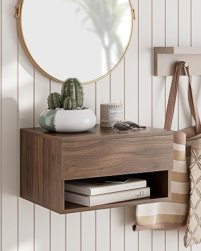 Modern Walnut Floating Nightstand with Drawer, Small Wall Mount Shelves | Small Space Saver, Modern Minimalist Design, Wall Mounted Shelves, for Bedroom, Bathroom, Living room, Easy Assembly, Walnut - color: Brown Walnut