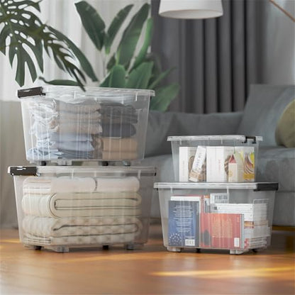 Cetomo 40Qt*6 Plastic Storage Bins, Storage Box, 6 Pack, Organizing Container with Wheels, Durable Lids and Secure Latching Buckles, Stackable and Nestable, Clear with Black Buckle - size: 35L*6