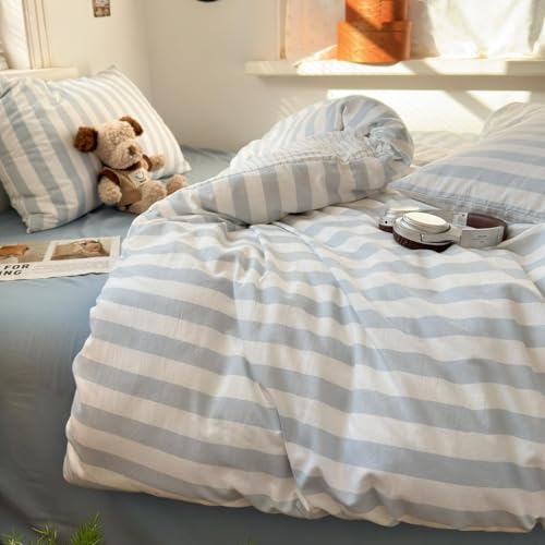 Striped Duvet Cover Queen Size Blue White Stripes Reversible Bedding Set Vertical Striped Duvet Cover Set Soft Lightweight Microfiber Quilt Cover with Zipper Closure and 2 Pillowcases - color: Blue White Striped, size: Queen(No Comforter)