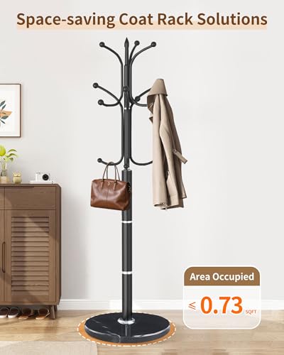 Modern Coat Rack Stand, Metal Freestanding Coat Rack with Natural Marble Base, Heavy-Duty Coat Racks with 12 Hooks,Black Coat Hanger Tree Stand for Office, Entryway, Hallway - color: Black