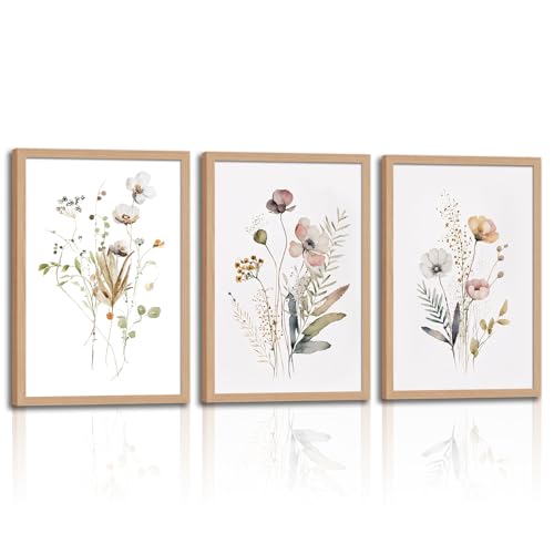 Framed Botanical Canvas Wall Art Set of 3, Watercolor Floral Prints, Framed Flower Wall Decor for Bedroom Bathroom Living Room,ch Each 12x16 In - color: flowers and plants, size: 12x16in