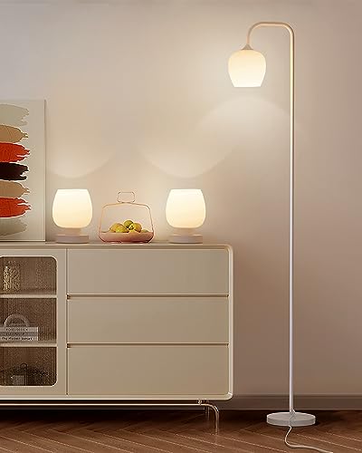 ONEWISH Lamp Set of 3 - Touch Bedside Table Lamps Set of 2 and 1 Floor Lamp, Modern Lamps for Bedroom Living Room Nightstand, White Opal Glass Lamp Shade, LED Bulbs Included Simple Design - color: 3-Piece Set White