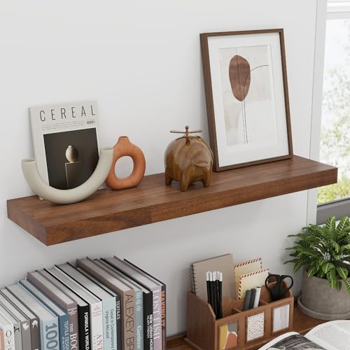 fuqing 30 Inch Floating Shelves 6.7'' Deep Dark Wood Wall Shelves Set of 2 | 30'' x 6.7'' x 1.4'' Rustic Wood Shelves for Bathroom, Living Room, 40LBS, Lightweight, Hardware Included, Waterproof Finish - color: Walnut, size: 30 Inch