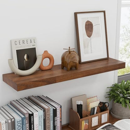 fuqing 30 Inch Floating Shelves 6.7'' Deep Dark Wood Wall Shelves Set of 2 | 30'' x 6.7'' x 1.4'' Rustic Wood Shelves for Bathroom, Living Room, 40LBS, Lightweight, Hardware Included, Waterproof Finish - color: Walnut, size: 30 Inch