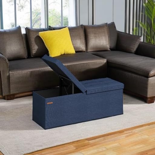 SONGMICS Mazie Collection - 43 Inches Storage Ottoman, Foldable Storage Bench with Flipping Lid, 660 lb Load Capacity, for Entryway, Living Room, Bedroom, Midnight Blue ULSF076Q02 - color: Midnight Blue, size: 15"D x 43"W x 15"H, style: Modern