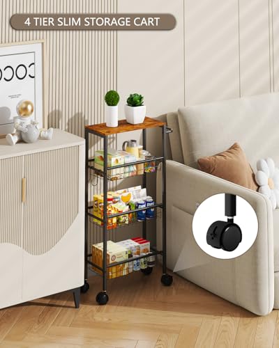 Rolling Utility Cart, 4-Tier Slim Narrow Storage Cart with Wheels for Kitchen, Laundry Room Organization, Metal Bathroom Organizer with Wood Top, Brown, 17.3" x 7.9" x 32.6"