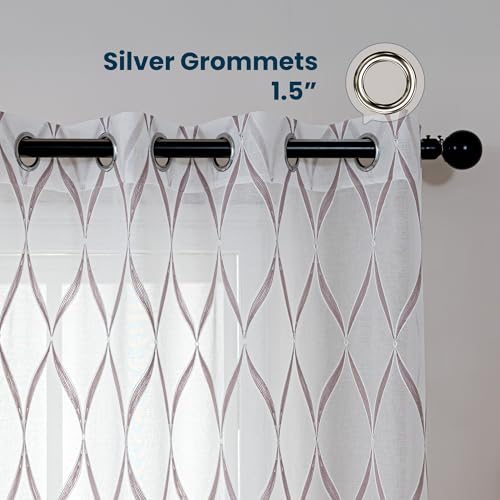 SLEEP ZONE Sheer Curtains for Living Room and Bedroom, Embroidered Sheer Curtains White Sheer Curtain 52 × 72 inches Long of 2 Panels, Off-White Waves - color: White Waves, size: 52"W×72"L