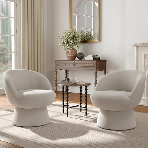 360° Swivel Accent Chair with Curved Back, Modern White Chenille Upholstered Round Barrel Chair, Bucket Armchair for Small Space,Living Room, Bedroom - color: White 02, size: 1 Chair