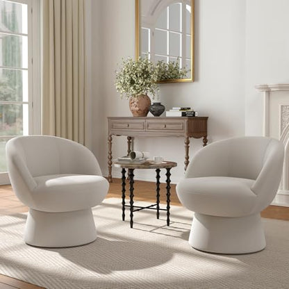 360° Swivel Accent Chair with Curved Back, Modern White Chenille Upholstered Round Barrel Chair, Bucket Armchair for Small Space,Living Room, Bedroom - color: White 02, size: 1 Chair