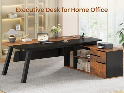 SEDETA 71" L Shaped Executive Desk with File Cabinet & Power Outlet | Computer Desk with 3 Storage Drawers, Adjustable Shelves, CPU Stand, Privacy Baffle, Modern Desk for Home Office, Brown - color: Brown