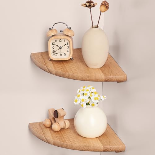 Gieanoo Floating Corner Shelves for Wall Set 2 9inch Solid Oak Rounded Corner Shelves Wall Mounted with Cable Hole Wood Corner Hanging Shelves for Living Room Bedroom Bathroom Kitchen - color: Natural, size: 9in 2-Pack