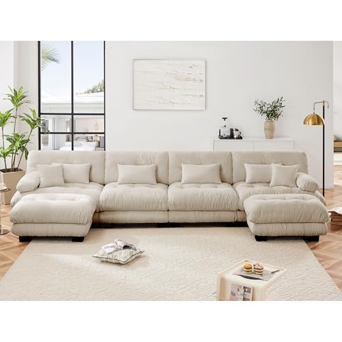 Modular Sectional Sofa for Living Room,173" U-Shaped Comfy Couch with Ottoman, Oversized 4 Seater Beige Sectional Couches with Pillows, Fluffy Couch Set with Deep Seat - color: Chenille Beige, size: 4-Seat & 2-Ottoman