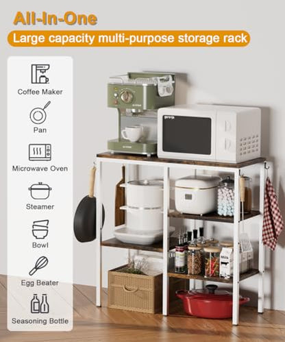 4-Tier Kitchen Microwave Oven Stand, Adjustable Coffee Bar Station for Small Appliance, Baker's Rack with 4 Hooks & 7 Storage Shelves for Kitchen, Living Room, White - color: White