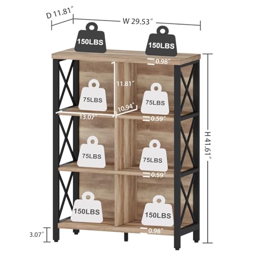 Bookcase, 6 Cube Storage Organizer Shelf, Wood and Metal Cubby Book Shelf, Industrial 4 Tier Cube Bookshelf (Rustic Oak) - color: Rustic Oak, size: 6 Cube