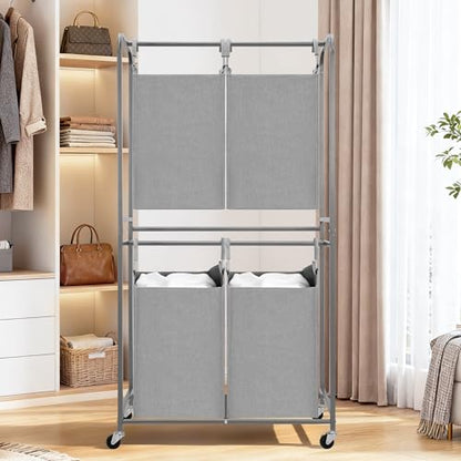 STORAGE MANIAC 4 Section Vertical Laundry Hamper, 2 Tier Laundry Sorter with 4 Removable Tote Bags, Rolling Clothes Basket for Towels, Blankets, Tall Dirty Clothes Hamper for Closet, 4 Bags Gray - size: 4 Section