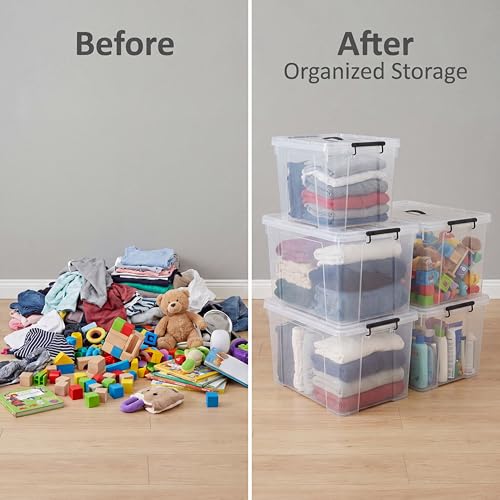 4 Pack 72 QT Plastic Storage Bins with Lids | Clear Stackable Bins with Secure Latches and Handles Heavy-Duty Storage Containers For Home Office and Garage Organization - size: 72 Qt