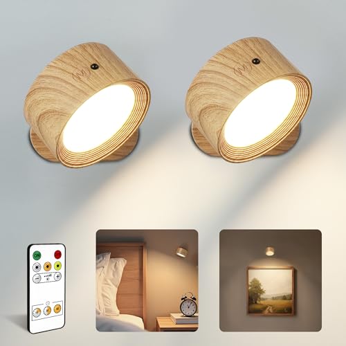 LED Wall Mounted Lights, Rechargeable Wall Sconces, 3 Color Temps, Remote & Touch, 360° Rotating and Dimmable for Bedroom, Bedside & Reading (Wood, 2 Pack) - color: Wood