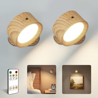 LED Wall Mounted Lights, Rechargeable Wall Sconces, 3 Color Temps, Remote & Touch, 360° Rotating and Dimmable for Bedroom, Bedside & Reading (Wood, 2 Pack) - color: Wood