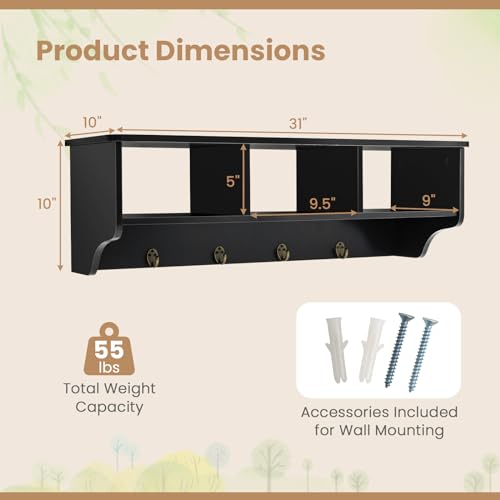 RELAX4LIFE Coat Rack Wall Mount with Shelf, 31’’ Wood Hanging Shelf with Storage, 3 Cubby Compartment & 4 Hooks for Entryway Bathroom Kitchen, Wall Mounted Floating Shelf with Hooks (Black) - color: Black