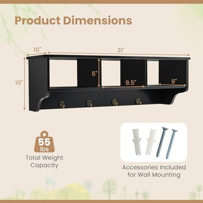 RELAX4LIFE Coat Rack Wall Mount with Shelf, 31’’ Wood Hanging Shelf with Storage, 3 Cubby Compartment & 4 Hooks for Entryway Bathroom Kitchen, Wall Mounted Floating Shelf with Hooks (Black) - color: Black