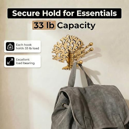 Indian Shelf Brass Tree Swivel Wall Hook, Foldable Tri-Arm Gold Hanger - style: Tree