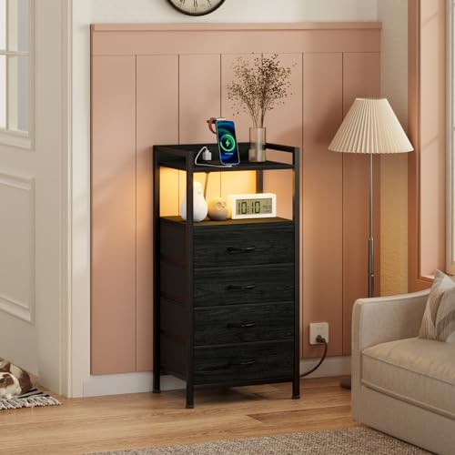 Night Stand with Charging Station,LED,Tall Bedside Table for Dorm | 4 Drawer Dresser for bedroom, with LED light & Remote Control, Fabric Bins and Metal Frame,Wood Desk Top,Easy Assemble,Black - color: Black Oak, style: 4 Drawer